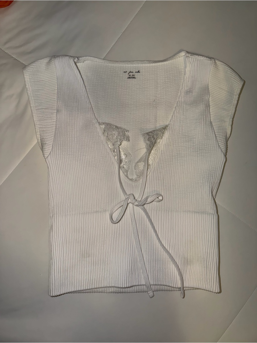 Urban Outfitters White Ribbed Lace-Trim Tie-Front Crop Top